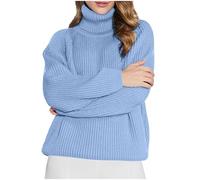 NSICBMNO Blue Roll Neck Jumpers for Women UK Oversized Knitted Jumper Ribbed Sweater Long Sleeve Tops Ladies Ribbed Polo Neck Jumpers Chunky Knit Sweater Baggy Sweatshirt Tunic Blouses Plus Size
