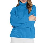 NSICBMNO Blue Roll Neck Jumpers for Women UK Oversized Knitted Jumper Ribbed Sweater Long Sleeve Tops Ladies Ribbed Polo Neck Jumpers Chunky Knit Sweater Baggy Sweatshirt Tunic Blouses Plus Size