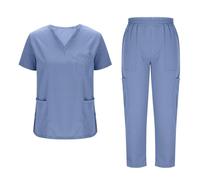 NSICBMNO Blue Scrubs Uniforms Women Set 2 Piece Summer Outfits Casual Co Ord Sets V Neck T Shirts Short Sleeve Tops Quick Dry Joggers Straight Leg Trousers Lounge Sets Airport Outfits With Pockets
