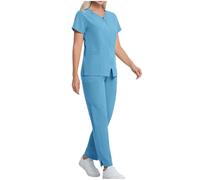 NSICBMNO Blue Scrubs Uniforms Women Set Nursing Uniforms Scrub Set Nurse Suits Split Hem Joggers Straight Leg Bottoms Ladies V Neck Tunic Tops 2 Piece Outfits Medical Scurbs Workwear With Pockets