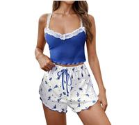 NSICBMNO Blue Short Pyjamas For Women Uk Summer Two Piece Outfit Ribbed Loungewear Sets Heart Print Pyjamas Cropped Camisole Tops Spaghetti Strap Vest Ruffle Shorts Lace Pj Set Sexy Nightwear
