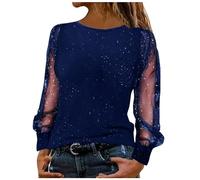 NSICBMNO Blue Sparkly Tops for Women UK Long Sleeve Sequin Tops V Neck Blouses Glitter Shirts Rhinestone Top Mesh T Shirt Sexy Sparkle Going Out Party Top Tunic Shirts Evening Cocktail Night Club