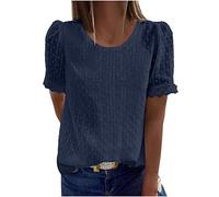NSICBMNO Blue Summer Broderie Anglaise Tops Puff Sleeve Lace Top Swiss Dot Chiffon Blouse Round Neck Tshirt Loose Casual Blouses for Office Work Beach Lounge Streetwear