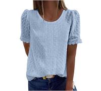 NSICBMNO Blue Summer Broderie Anglaise Tops Puff Sleeve Lace Top Swiss Dot Chiffon Blouse Round Neck Tshirt Loose Casual Blouses for Office Work Beach Lounge Streetwear