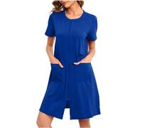 NSICBMNO Blue Summer Pyjamas For Women Uk Zip Up Dressing Gowns Short Sleeve Nighties Lightweight Bath Robes Round Neck Cardigans Nightwear Short Nightdresses Nightgowns With Pockets House Coats
