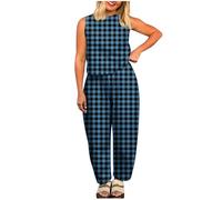 NSICBMNO Blue Two Piece Outfit Women Gingham Coord Set Summer Lounge Sets Sleeveless Tank Tops Crew Neck Vest Elasticated Waist Cropped Trousers Checked Pj Bottoms Matching Set Travel Outfit