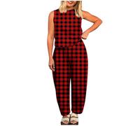NSICBMNO Blue Two Piece Outfit Women Gingham Coord Set Summer Lounge Sets Sleeveless Tank Tops Crew Neck Vest Elasticated Waist Cropped Trousers Checked Pj Bottoms Matching Set Travel Outfit