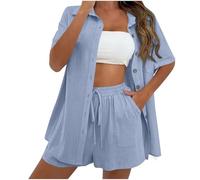 NSICBMNO Blue Two Piece Outfit Women Summer Co Ord Sets Short Sleeve Button Down Shirts Sports Shorts With Pockets Casual Tracksuit Tunic Tops Drawstring Sweatpants Travel Outfit Lounge Wear Sets