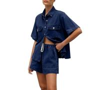 NSICBMNO Blue Two Piece Outfit Women Y2 Denim Co Ord Sets Short Sleeve Shirt High Waist Jean Shorts Summer Lounge Sets Denim Button Up Shirt Hot Pants Travel Outfit Airport Set For Work Streetwear