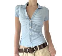 NSICBMNO Blue Womens Summer Tops Short Sleeve Shirt Ladies Striped Button Up Blouses Y2K V Neck T Shirts Slim Fit Shirt Going Out Tops Casual Blouses for Office Work Holiday Beach Streetwear