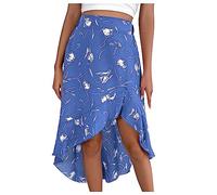 NSICBMNO Blue Wrap Skirts for Women UK Long Summer Skirts Ruffle Hem High Waisted A Line Skirt Tie Up Waist Skirt Boho Floral Print Beach Midi Cover Up for Party Beach