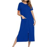 NSICBMNO Blue Zip Dressing Gowns For Women Uk Long Bath Robes Lightweight House Coat Short Sleeve Nighties With Pockets Ladies Full Length Nightdresses Pyjamas Nightgowns Sleepwear Nightwear