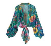 NSICBMNO Bolero Shrug Lightweight Summer Cardigan Long Sleeve Shrugs Kimono Beach Cover Up Chiffon Cardigan Floral Tops Loose Capes Tie Front Bolero