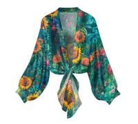 NSICBMNO Bolero Shrug Lightweight Summer Cardigan Long Sleeve Shrugs Kimono Beach Cover Up Chiffon Cardigan Floral Tops Loose Capes Tie Front Bolero