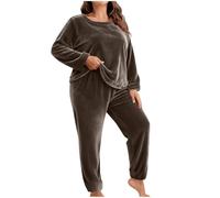 NSICBMNO Brown Fleece Pyjamas Women Plus Size Two Piece Outfit Thermal Loungewear Sets Oversized Fleece Jumper Baggy Trousers Winter Co Ord Sets Velvet Tunic Top Long Pj Bottoms Fluffy Pjs Sleepwear