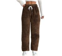 NSICBMNO Brown Fleece Trousers Women Fluffy Pj Bottoms with Pockets - Straight Leg, Elasticated Waist, Drawstring, Thermal, Teddy Fleece, Plain, Thick, Winter Trousers