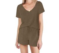 NSICBMNO Brown Lounge Wear Sets For Women Uk Summer Co Ord Sets Pjs Set V Neck T Shirts Short Sleeve Tops Drawstring Shorts 2 Piece Outfits Soft Pyjamas Casual Outfits Matching Homewear