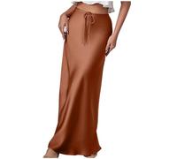 NSICBMNO Brown Maxi Skirts for Women UK High Waisted Pencil Skirts Satin Skirt A Line Fold Over Long Maxi Skirt Pleated Flared Casual Spring Summer for Work Cocktail Party