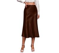 NSICBMNO Brown Midi Skirts for Women UK - Pencil, Pleated, Satin, High Waisted, Zip Up, A Line, Plain, Casual, Office, Work, Party, Long Skirts
