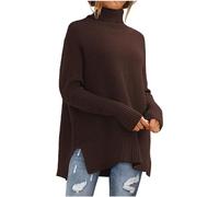 NSICBMNO Brown Oversized Turtle Neck Jumper Women Batwing Top Ribbed Split Hem Loose Knit Sweater Pullover Tunic Winter Chunky Streetwear Plus Size