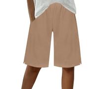NSICBMNO Brown Running Shorts Women Wide Leg Lounge Pants Cotton Linen Pants Ladies Knee Length Running Shorts with Pockets Ladies Elasticated Waist Capri Activewear Short Loose Casual