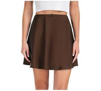 NSICBMNO Brown Satin Skirts for Women UK Mini Skirts Ladies Short Summer Pleated High Waisted A Line Drawstring Flowy Silky for Clubwear Dance Party