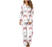 NSICBMNO Button Up Pyjamas For women Long Sleeve Shirt Lounge Pants Bow Tie Pyjamas Soft Ladies Pjs With Pockets 2 Piece Outfits Loungewear Set Cosy Set Sleepwear Gifts For Her