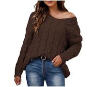 NSICBMNO Cable Knit Jumper Women Baggy Jumper Oversized Sweater V Neck T Shirts Long Sleeve Tops Off Shoulder Knitted Sweater Long Tunic Jumpers Ladies Lightweight Jumpers Pullover Sweatshirt Brown