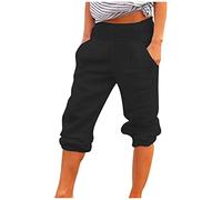 NSICBMNO Capri Pants for Women UK Cotton Linen Trousers Elasticated Waist Trousers Ladies Summer with Pockets Loose Casual Straight Leg Lounge Pants for Workout Yoga Beach