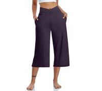 NSICBMNO Capri Pants for Women UK Summer Trousers Ladies Cropped Trousers Loose Yoga Pants with Pockets Wide Leg Cross Over Waist Yoga Flared Palazzo Plus Size Purple