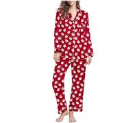 NSICBMNO Christmas Pyjamas Women - Button Up Pyjamas, Long Sleeve Shirts, Wide Leg Trousers, Santa Snowflake Pjs, Loungewear Sets, 2 Piece Outfits, Xmas Tops, Long Pants, Christmas Nightwear
