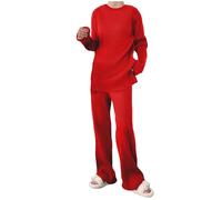 NSICBMNO Co Ord Sets For Women Knitted Loungewear Sets Plus Size Two Piece Outfits Ribbed Lounge Sweater Tracksuit Full Set Pjs Set Oversized Jumpers Wide Leg Trousers Leisure Wear Red