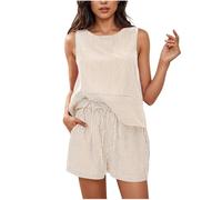 NSICBMNO Co Ord Sets For Women Summer 2 Piece Outfits Sleeveless Tank Top Matching Shorts Sets Striped Tracksuit Round Neck Vests Drawstring Shorts Casual Outfits For Holiday Beach Streetwear