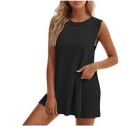 NSICBMNO Co Ord Sets For Women Summer Two Piece Outfit Ribbed Knit Loungewear Long Sleeveless Tunic Tops Running Shorts Y2K Tracksuit 2 Piece Lounge Set Pyjamas For Holiday Beach Streetwear