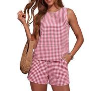 NSICBMNO Co Ord Sets For Women Uk Two Piece Outfits Gingham Pyjamas Shorts Sets Crew Neck Tank Top Drawstring Shorts Summer Vacation Outfits Lounge Set Travel Airport Outfit With Pockets Red