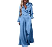 NSICBMNO Co Ords Sets For Women Uk Plus Size - Satin Lounge Wear Sets, 3D Flower Top Long Sleeve V Neck Blouse Wide Leg Trousers Palazzo Pants, Two Piece Outfit Elegant Wedding Guest Outfits