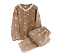 NSICBMNO Coffee Fleece Pyjamas Women Button Up Pjs Fluffy Cardigan Ruffle Blouses Straight Leg Trousers 2 Piece Outfits Winter Loungewear Sets Long Sleeve Shirts Thermal Pj Bottoms Cozy Warm Pyjamas