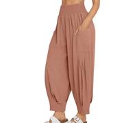 NSICBMNO Coffee Harem Pants Women Cotton Linen Trousers Wide Leg Yoga Pants with Pockets Elasticated High Waist Trousers Summer Baggy Sweatpants Cuffed Joggers Cargo Bottoms Loungewear Plus Size