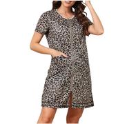 NSICBMNO Coffee Nightwear For Women Uk Cotton Dressing Gowns Lightweight Pyjamas Leopard Print Dressing Gown Zip Up Housecoat Short Sleeve Bathrobe Short Nightdreses Nighties With Pockets