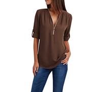 NSICBMNO Coffee Women's Summer Tops Long Length T Shirts Short Sleeve Blouses V Neck T Shirts Half Zip Top Chiffon Blouses Tunic Tshirt Flowy Top Casual Loose for Going Out Holiday Beach