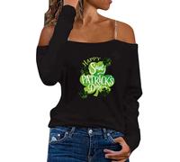 NSICBMNO Cold Shoulder Tops for Women UK St Patricks Day T Shirt Long Sleeve Tops Off Shoulder Loose Blouses Strap Shamrock Tshirt Casual Blouses Tunic Paddys Day T Shirts