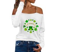 NSICBMNO Cold Shoulder Tops for Women UK St Patricks Day T Shirt Long Sleeve Tops Off Shoulder Loose Blouses Strap Shamrock Tshirt Casual Blouses Tunic Paddys Day T Shirts