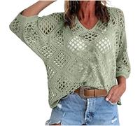 NSICBMNO Crochet Tops for Women UK Summer 3/4 Sleeve Tops Oversized V Neck T Shirts Batwing Tops Crochet Beach Cover Up Hollow Out Knit Sweater Pullover Long Tunic Top Swimwear Bikini Coverups