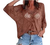 NSICBMNO Crochet Tops for Women UK Summer 3/4 Sleeve Tops Oversized V Neck T Shirts Batwing Tops Crochet Beach Cover Up Hollow Out Knit Sweater Pullover Long Tunic Top Swimwear Bikini Coverups