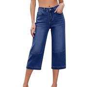 NSICBMNO Cropped Jeans for Women UK Wide Leg Trousers with Pockets Stretch Denim Capri Pants Summer 3/4 Trousers Three Quarter Trouser Mom Jeans Knee Length Shorts Flared Pants Casual Bottoms