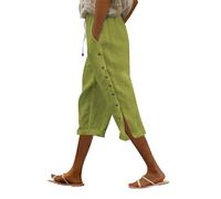NSICBMNO Cropped Trousers Women Linen Summer Loose Petite Hiking Shorts Drawstring Elasticated Waist 3/4 Length Joggers Baggy Wide Leg Pants Ladies Casual Trouser with Pockets Green