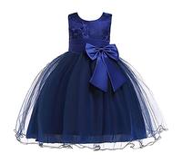 NSICBMNO Dark Blue Girls Princess Dress Tutu Party Dresses Flower Lace Embroidery A Line Cotton Dress Bow Tie Party Wedding Bridesmaid Dresses Bridesmaid Prom Formal Ball Gown for Age 3-10 Years