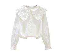 NSICBMNO Girls Shirt Peter Pan Collar Blouse Cotton Long Sleeve Top School Blouses Kids Button Down Shirt Comfortable Breathable Dress Tops for School Uniform Party Wedding for Kids 13 Years White