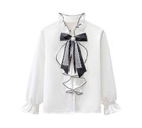 NSICBMNO Girls Shirt Ruffle Collar Blouse Bow Shirt Cotton Long Sleeve Tops School Uniform Boy's Girl's Button Down Shirts Dress Tops Back-to-School Daily & After-Class Wear for Kids 12 Years White