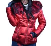 NSICBMNO Glossy Puffer Jacket Women Winter Down Jacket With Zip Pocekts Lightweight Padded Coat With Faux Fur Hood Trim Hooded Quilted Jacket Down Filled Coat Metallic Print Jacket Plus Size